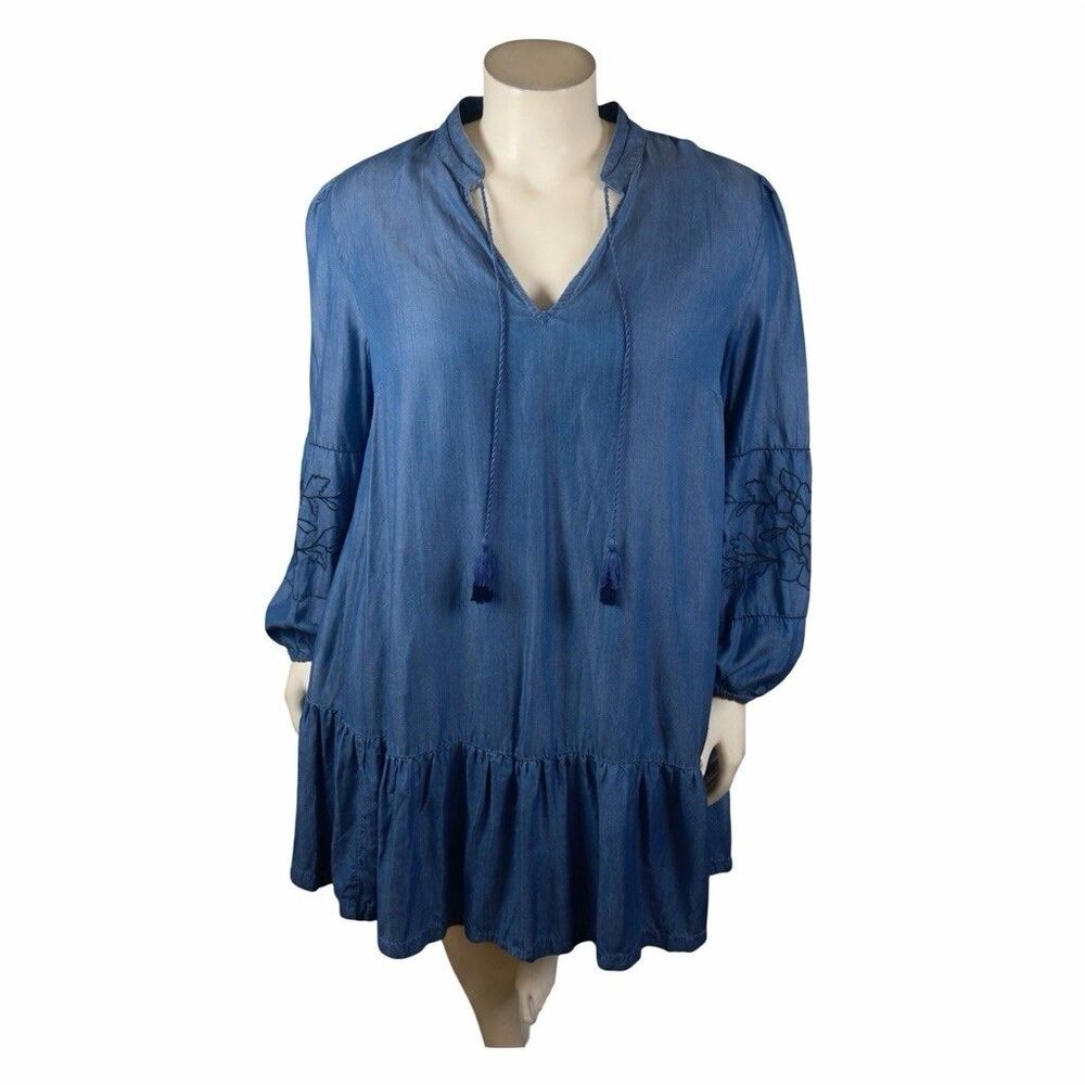 Crown & Ivy Dress 2X Blue Tencil Embroidered Boho Romantic Prairie‎ Cottagecore